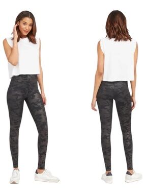 SPANX Faux Leather Camo High Waist Leggings 25" in Matte Black High Gloss 2X